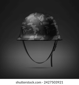Vector 3d Realistic Black Military Protective Helmet Closeup Isolated. Helmet, Army Symbol of Defense and Protection. Soldier Helmet Design Template for Military, Defense and Safety Concept