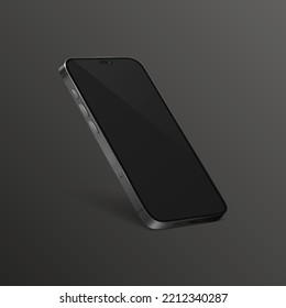 Vector 3d Realistic Black Modern Smartphone Design Template with Black Screen. Mobile Phone Isolated. Telephone Device UI UX, Phone in Half Turn View