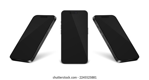 Vector 3d Realistic Black Modern Smartphone Design Template Set Closeup Isolated on White Background. Mobile Phone Mockup. Telephone Device UI UX, Phone in Front, Half Turn View