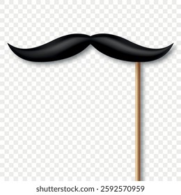 Vector 3d Realistic Black Mustache Prop on Stick. Simple Mustache for Party, Photo Booth, Masquerade, Costume, Funny Carnival, Cosplay, Hipster Style. Retro Gentlemen Look, Celebration and Fun