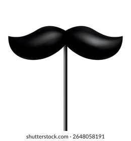 Vector 3d Realistic Black Mustache Prop on Stick, Isolated. Simple Mustache for Party, Photo Booth, Masquerade, Costume, Funny Carnival, Cosplay, Hipster Style