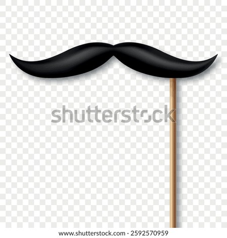 Vector 3d Realistic Black Mustache Prop on Stick. Simple Mustache for Party, Photo Booth, Masquerade, Costume, Funny Carnival, Cosplay, Hipster Style. Retro Gentlemen Look, Celebration and Fun