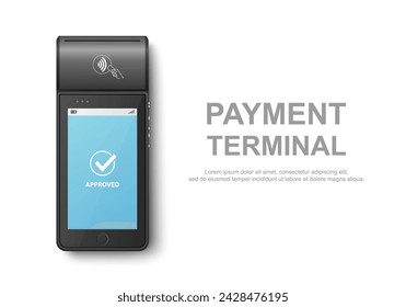 Vector 3d Realista Negro NFC Máquina de pago con el estado aprobado. Plantilla de diseño para terminal sin contacto de pago bancario. Maqueta de un terminal POS de pago. Vista superior