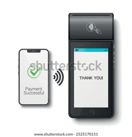 Vector 3D Realistic Black NFC Payment Terminal and Smartphone Closeup. Successful Payment, Transaction. Payment Machine, Approved Status. Design Template, Bank Payment Contactless Terminal