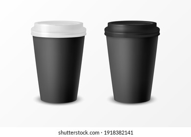 Vector 3d Realistic Black Paper Disposable Cup with White and Black Lid Set Isolated on White Background. Stock Vector Illustration. Design Template. Front View