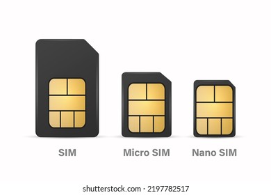 Vector 3d Realistic Black Plastic Sim, Micro Sim, Nano Sim Card Template Set Isolated. Design Template of Sim Card for Mockup, Branding. Front View