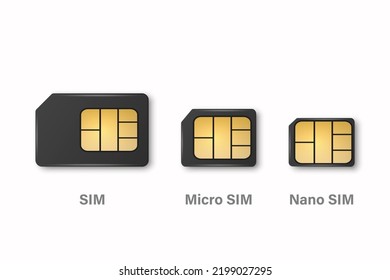 Vector 3d Realistic Black Plastic Sim, Micro Sim, Nano Sim Card Template Set Isolated. Design Template of Sim Card for Mockup, Branding. Top View