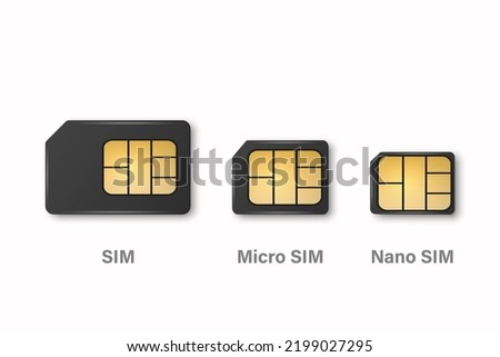 Vector 3d Realistic Black Plastic Sim, Micro Sim, Nano Sim Card Template Set Isolated. Design Template of Sim Card for Mockup, Branding. Top View