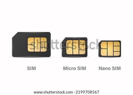 Vector 3d Realistic Black Plastic Sim, Micro Sim, Nano Sim Card Template Set Isolated. Design Template of Sim Card for Mockup, Branding. Front View