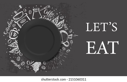 Vector 3d Realistic black porcelain, plastic or paper disposable food plate. Icon on the background of coffee sketch illustrations. Front view. Design template.
