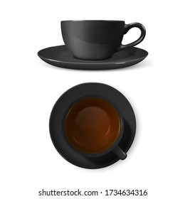 Vector 3d Realistic Black Porclean, Ceramic Tea Cup, Mug Set with Tea Closeup Isolated on White Background. Design Template, Clipart. Top and Front View