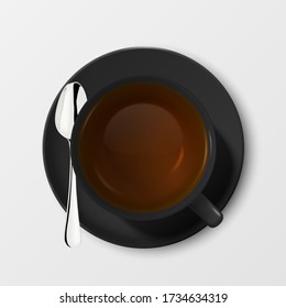 Vector 3d realistische schwarze Porclean, Keramik Tea Cup, Umarmung mit Tee und Silberteevorrat geschlossen auf weißem Hintergrund isoliert. Entwurfsvorlage, Clipart. Top-Ansicht