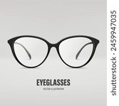 Vector 3d Realistic Black Round Frame Glasses Isolated. Sunglasses, Lens, Vintage Eyeglasses in Front View. Design Template for Optics and Eyewear Branding Concept