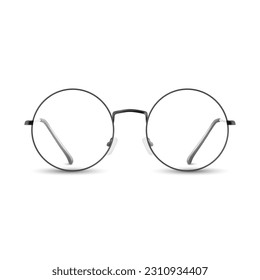 Vector 3d Realistic Black Round Frame Glasses. Colorless Transparent Sunglasses for Women and Men, Accessory. Optics, Lens, Vintage, Trendy Glasses. Front, Top View
