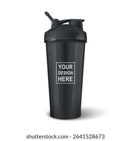 Vector 3d Realistic Black Shaker Bottle Mockup. Realistic Protein Shaker Bottle for Branding and Custom Design. Sport Shaker Bottle Vector Illustration for Supplement, Fitness, Gym, Logo, Print