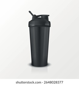 Vetor 3d realistas preto Shaker garrafa maquete. Garrafa de Agitador de Proteína Realista para Branding e Design Personalizado. Esporte Shaker Garrafa Vetor Ilustração para Suplemento, Fitness, Ginásio, Logotipo, Impressão