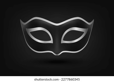 Vector 3d Realistic Black and Silver Carnival Face Mask on Black Background. Mask for Party, Masquerade Closeup. Design Template of Mask. Carnival, Party, Secret, Hero, Stranger Concept