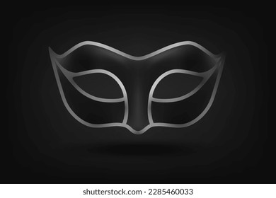 Vector 3d Realistic Black and Silver Carnival Face Mask on Black Background. Mask for Party, Masquerade Closeup. Design Template of Mask. Carnival, Party, Secret, Hero, Stranger Concept