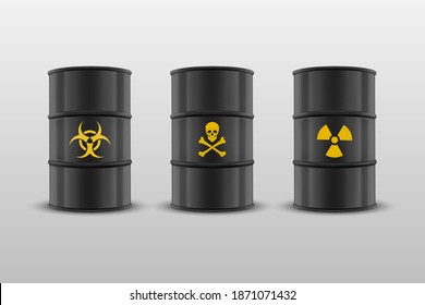 Vector 3d Realistic Black Simple Glossy Enamel Metal Oil, Fuel, Gasoline Barrels. Biohazard, Danger, Radiation Sign Isolated on White. Design Template of Packaging for Mockup. Front View