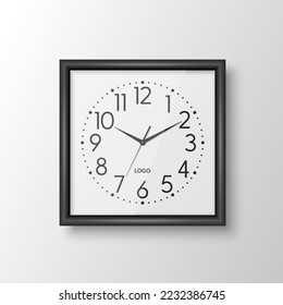 Vector 3d Realistic Black Square Wall Office Clock, Design Template Isolated. White Frame, White Dial, Mock-up of Wall Clock for Branding and Advertise Isolated. Clock Face Design