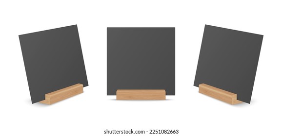 Vector 3d Realistic Black Square Empty Blank Paper Sheet, Card on Wooden Holder, Stand Icon Set Closeup Isolated. Design Template for Mockup, Menu Frame, Booklets. Acrylic Tent Card. Front, Side View