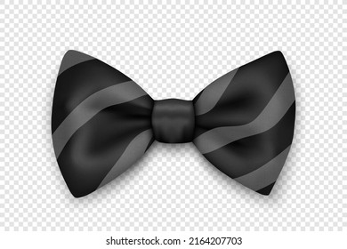 Vector 3d Realistic Black Striped Textured Bow Tie Icon Closeup Isolated. Silk Glossy Bowtie, Tie Gentleman. Mockup, Design Template. Bow tie for Man. Mens Fashion, Fathers Day Holiday