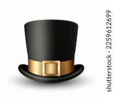 Vector 3d Realistic Black Top Hat with Golden Belt Closeup Isolated on White Background. Classic Retro Vintage Top Hat, Vintage Gentlemans Mens Hat, Front View