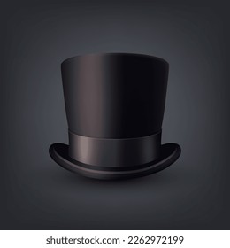 Vector 3d Realistic Black Top Hat with Black Ribbon Closeup Isolated on Black Background. Classic Retro Vintage Top Hat, Vintage Gentlemans Mens Hat, Front View