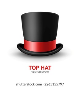 Vector 3d Sombrero superior negro realista con cinta roja cerrado aislado en fondo blanco. Sombrero superior retro clásico de vintage, sombrero masculino para hombres vintage, vista frontal