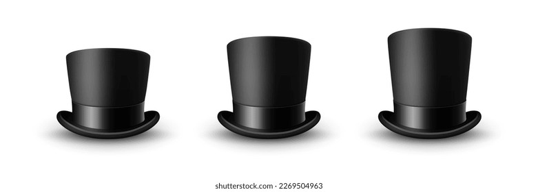 Vector 3d Realistic Black Top Hat Icon Set Closeup with Black Silk Ribbon Closeup Isolated on White Background. Classic Retro Vintage Top Hat, Vintage Gentlemans Mens Hat, Front View