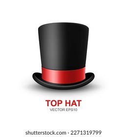 Vector 3d Realistic Black Top Hat with Red Ribbon Closeup Isolated on White Background. Classic Retro Vintage Top Hat, Vintage Gentlemans Mens Hat, Front View