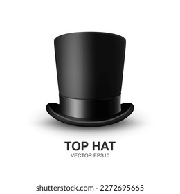 Vector 3d Realistic Black Top Hat with Black Ribbon Closeup Isolated on White Background. Classic Retro Vintage Top Hat, Vintage Gentlemans Mens Hat, Front View