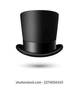 Vector 3d Realistic Black Top Hat with Black Ribbon Closeup Isolated on White Background. Classic Retro Vintage Top Hat, Vintage Gentlemans Mens Hat, Front View
