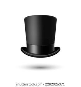 Vector 3d Realistic Black Top Hat with Black Ribbon Closeup Isolated on White Background. Classic Retro Vintage Top Hat, Vintage Gentlemans Mens Hat, Front View