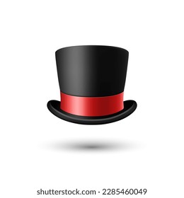 Vector 3d Sombrero superior negro realista con cinta roja cerrado aislado en fondo blanco. Sombrero superior retro clásico de vintage, sombrero masculino para hombres vintage, vista frontal