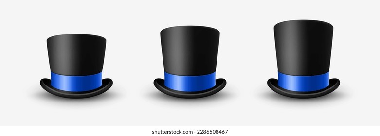 Vector 3d Realistic Black Top Hat Icon Set Closeup with Blue Ribbon Closeup Isolated on White Background. Classic Retro Vintage Top Hat, Vintage Gentlemans Mens Hat, Front View