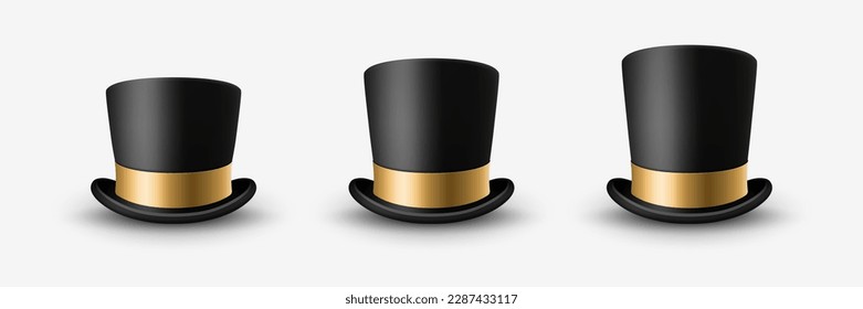 Vector 3d Realistic Black Top Hat Icon Set Closeup with Golden Ribbon Closeup Isolated on White Background. Classic Retro Vintage Top Hat, Vintage Gentlemans Mens Hat, Front View