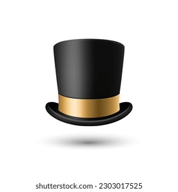 Vector 3d Realistic Black Top Hat Icon with Golden Ribbon Closeup Isolated. Classic Retro Vintage Top Hat, Vintage Gentlemans Mens Hat, Front View