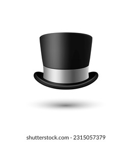 Vector 3d Realistic Black Top Hat Icon with Silver Color Ribbon Closeup Isolated on White Background. Classic Retro Vintage Top Hat, Vintage Gentlemans Mens Hat, Front View