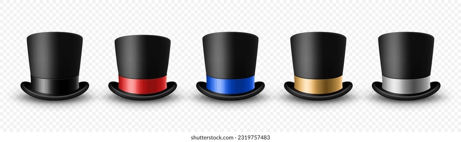 Vector 3d Realistic Black Top Hat Icon Set with Different Color Ribbon Closeup Isolated. Classic Retro Vintage Top Hat Collection, Vintage Gentlemans Mens Hats, Front View