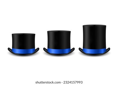 Vector 3d Realistic Black Top Hat Icon Set with Blue Ribbon Different Sizes Closeup Isolated. Classic Retro Vintage Top Hat Collection, Vintage Gentlemans Mens Hats, Front View