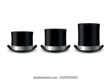 Vector 3d Realistic Black Top Hat Icon Set with Silver Color Silk Ribbon Different Sizes Closeup Isolated. Classic Retro Vintage Top Hat Collection, Vintage Gentlemans Mens Hats, Front View