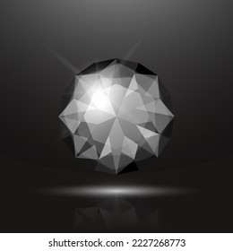 Vector 3d Realistic Black Transparent Round Glowing Gemstone, Diamond, Crystal, Rhinestone Closeup on Black Background. Jewerly Concept. Design Template, Banner