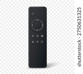 Vector 3d Realistic Black TV Remote Control, Isolated. Smart Remote Controller Device. Television Remote Control Icon, Front View. Media Player Controller with Shadow