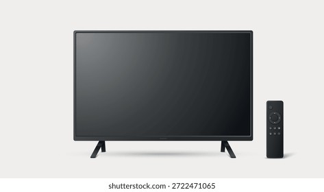 Vektor 3d realistischer schwarzer TV-Bildschirm, einzeln. Smart-TV-Bildschirm mit Fernbedienung. Leere TV-Set-Designvorlage, Vorderansicht