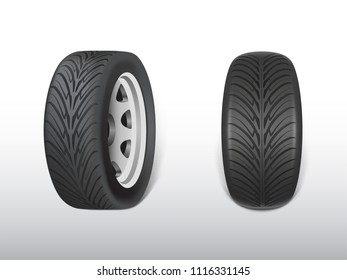 Vector 3d realistic black tyre, shining steel and rubber wheel for car, automobile. Modern rim, tread - automotive equipment for mechanic shop, service.