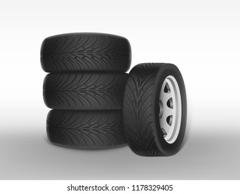 Vector 3d realistic black tyre stacked in pile, shining steel and rubber wheel for car, automobile, isolated on white. Modern rim, tread - automotive equipment for mechanic shop, service.