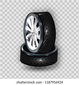 Vector 3d realistic black tyre stacked in pile, shining steel and rubber wheel for car, automobile, isolated on white. Modern rim, tread - automotive equipment for mechanic shop, service.