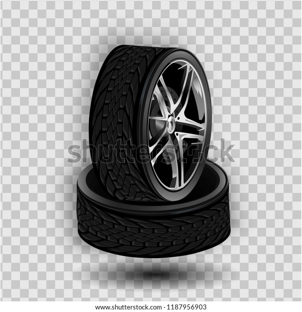 Vector\
3d realistic black tyre stacked in pile, shining steel and rubber\
wheel for car, automobile, isolated on white. Modern rim, tread -\
automotive equipment for mechanic shop,\
service.