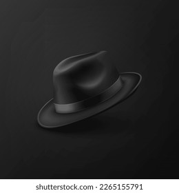 Vector 3d Realistic Black Vintage Classic Gentleman Black Hat, Cap Icon Closeup Isolated on Black Background. Front, Half Turn View. Mens Unisex Hat Design Template. Vector Illustration